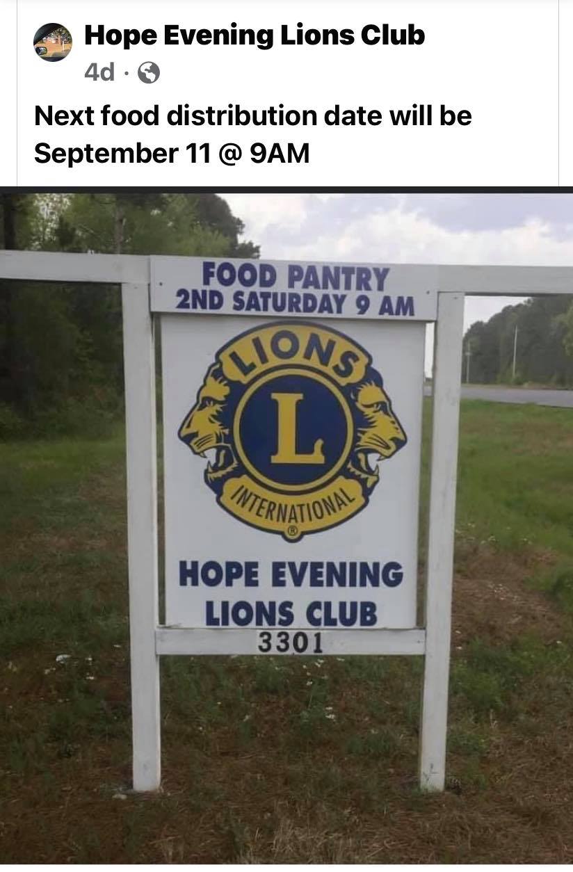Hope Evening Lions Set Food Distribution Sept. 11th