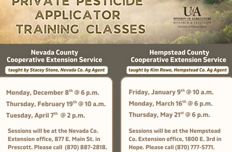 Private Pesticide Applicator Training Class schedule announced for Hope and Prescott