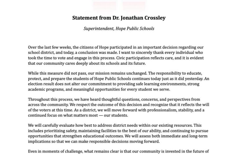 Hope Superintendent Crossley issues statement after bond issue fails
